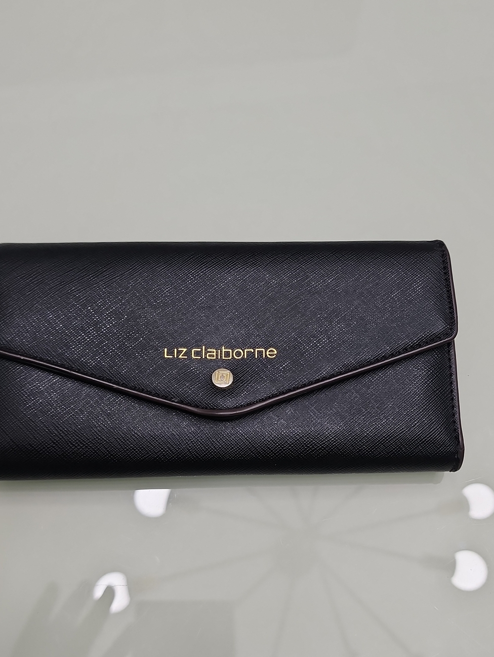 Liz Claiborne Black Envelope Wallet with Gold Logo